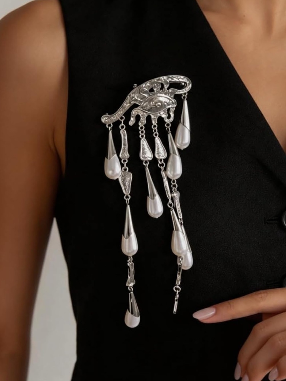 Sculptural Silver Pearl Cascade Brooch